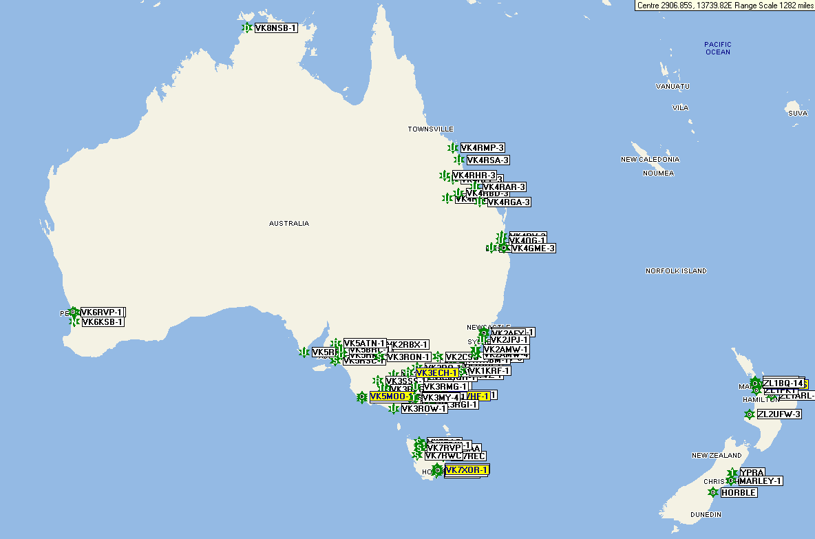 Map of APRS digipeaters in Austraiia and New Zealand
