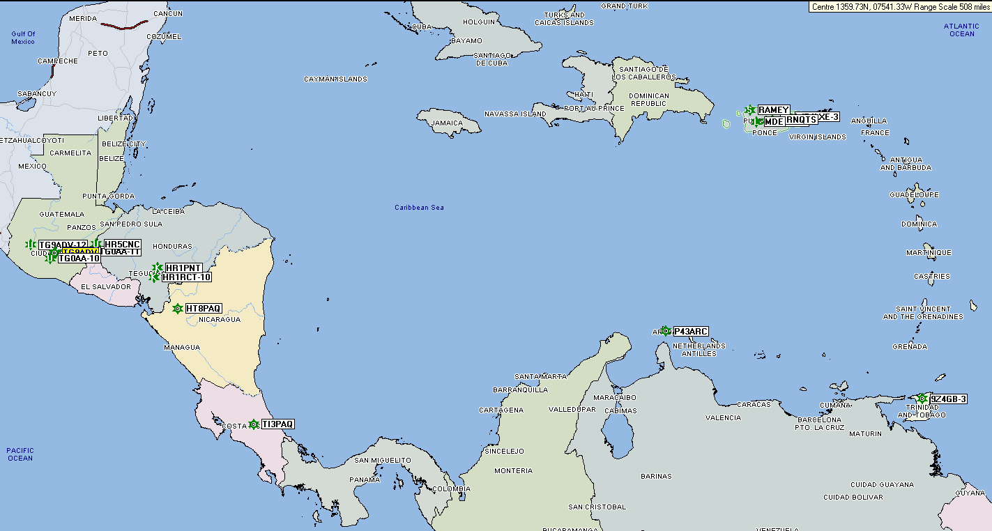 Map of APRS Digipeaters in Central American and Carribbean
