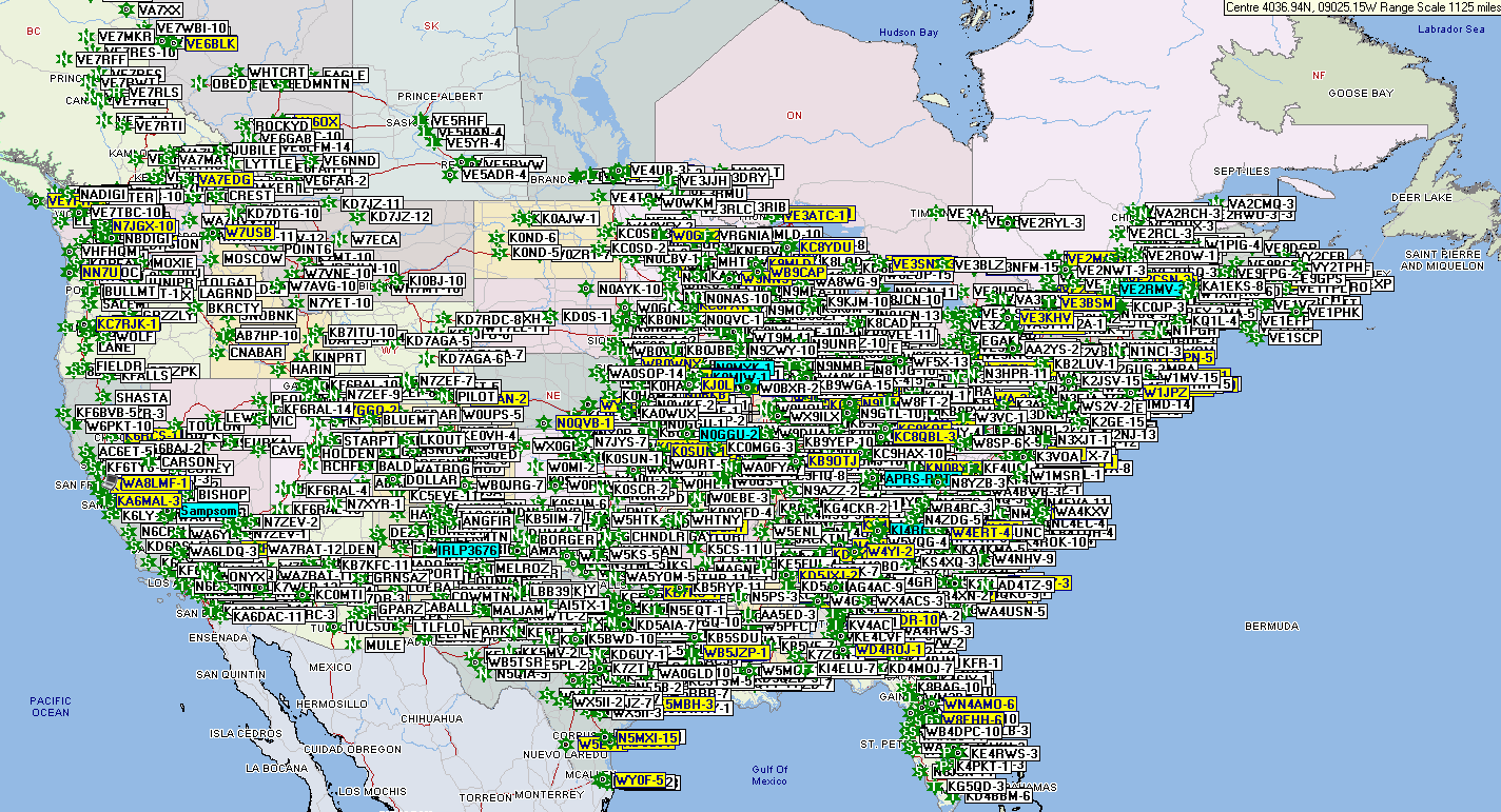 APRS Digipeaters in Noth America - Small Map