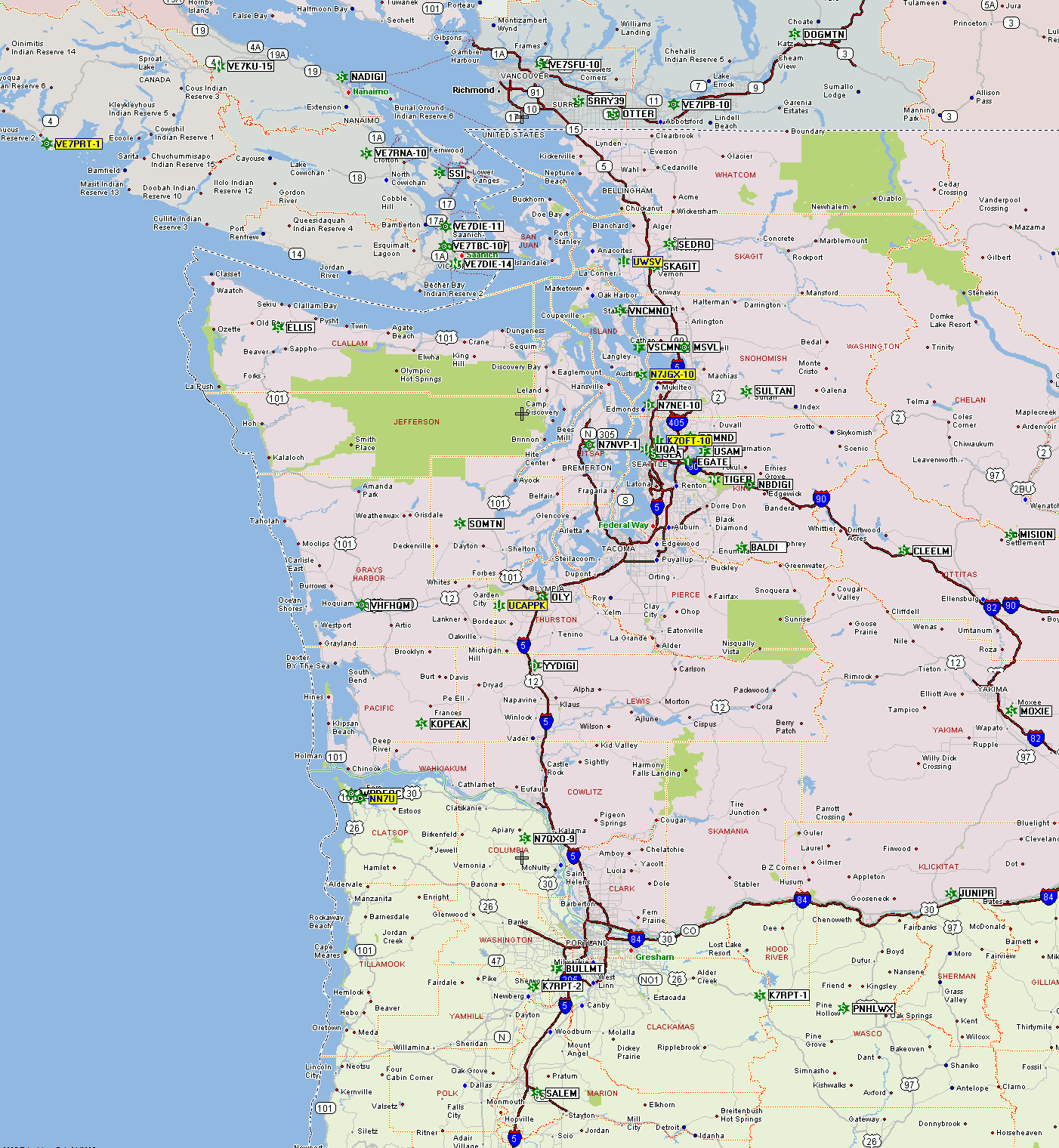 Map of APRS Digipeaters in US/Canada Pacific NorthWest