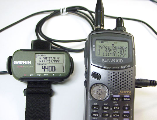 Picture of ForeTrex connected to TH-D7 handheld radio.